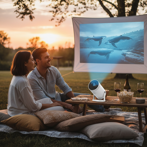 Couple with white projector - outdoor