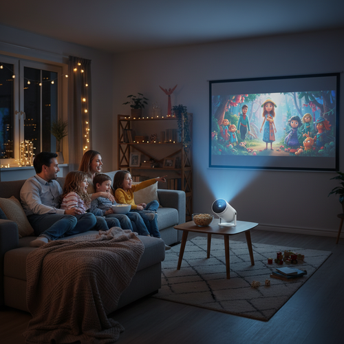 Family with white projector